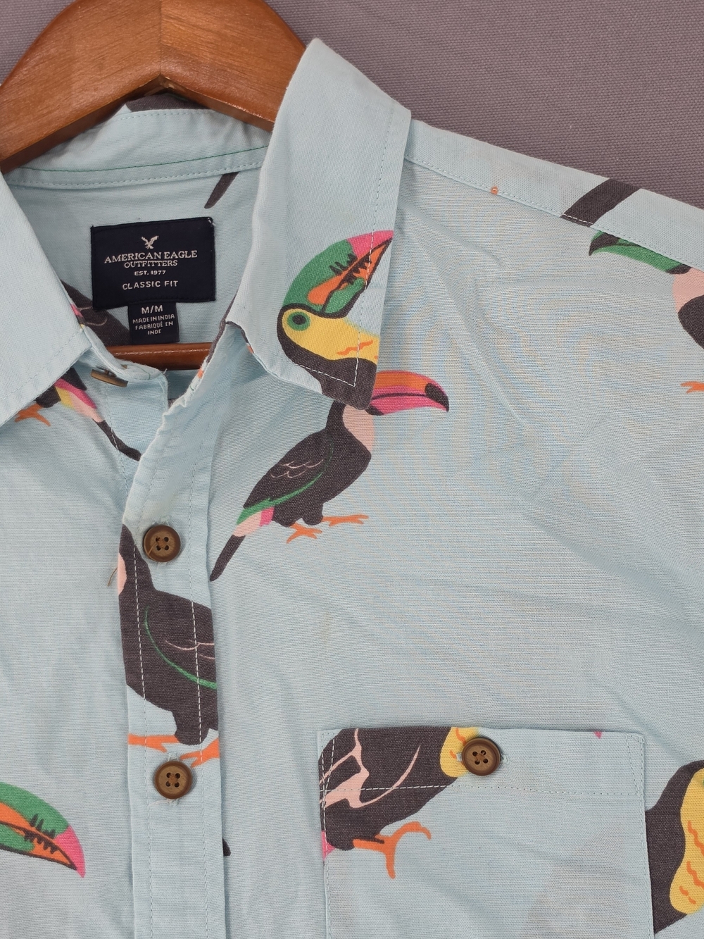 American Eagle Outfitters Light Blue Toucan-Print Button-Down Shirt